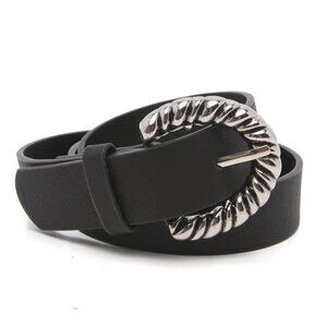 Vegan Leather Belt Silver Textured Twisted Buckle Black Casual Office